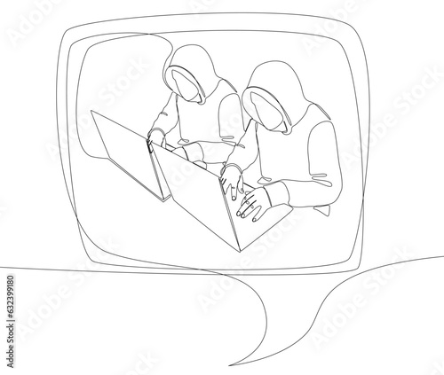 One continuous line of speech bubble with Computer Hacker. Thin Line Illustration vector concept. Contour Drawing Creative ideas.