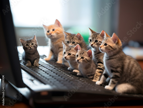 Miniature cute cats and computer, generative ai