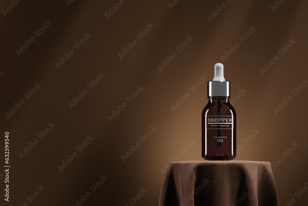 Mock up dropper bottle on brown fabric base. Presentation for cosmetic concept. 3D rendering - obrazy, fototapety, plakaty 