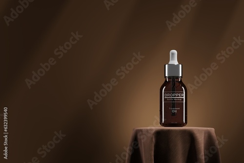 Obraz Mock up dropper bottle on brown fabric base. Presentation for cosmetic concept. 3D rendering