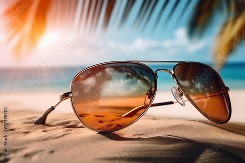 Close-up of sunglasses on the sand with palm on the background, ai generated