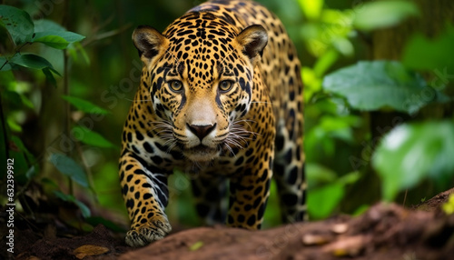 Fotografia The Jaguar in the Amazon rainforest, Generative AI