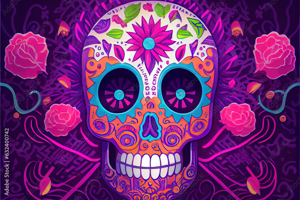 Generative AI 3D Rendered Calavera (Sugar Skull) in a traditional style for Dia de Los Muertos (Day of the dead). Flowers and skeleton computer generated to replicate photorealism and hyperrealism Generative AI 3D Rendered Calavera (Sugar Skull) in a traditional style for Dia de Los Muertos (Day of the dead). Flowers and skeleton computer generated to replicate photorealism and hyperrealism