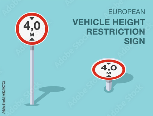 Traffic regulation rules. Isolated european vehicle height restriction sign. Front and top view. Flat vector illustration template.