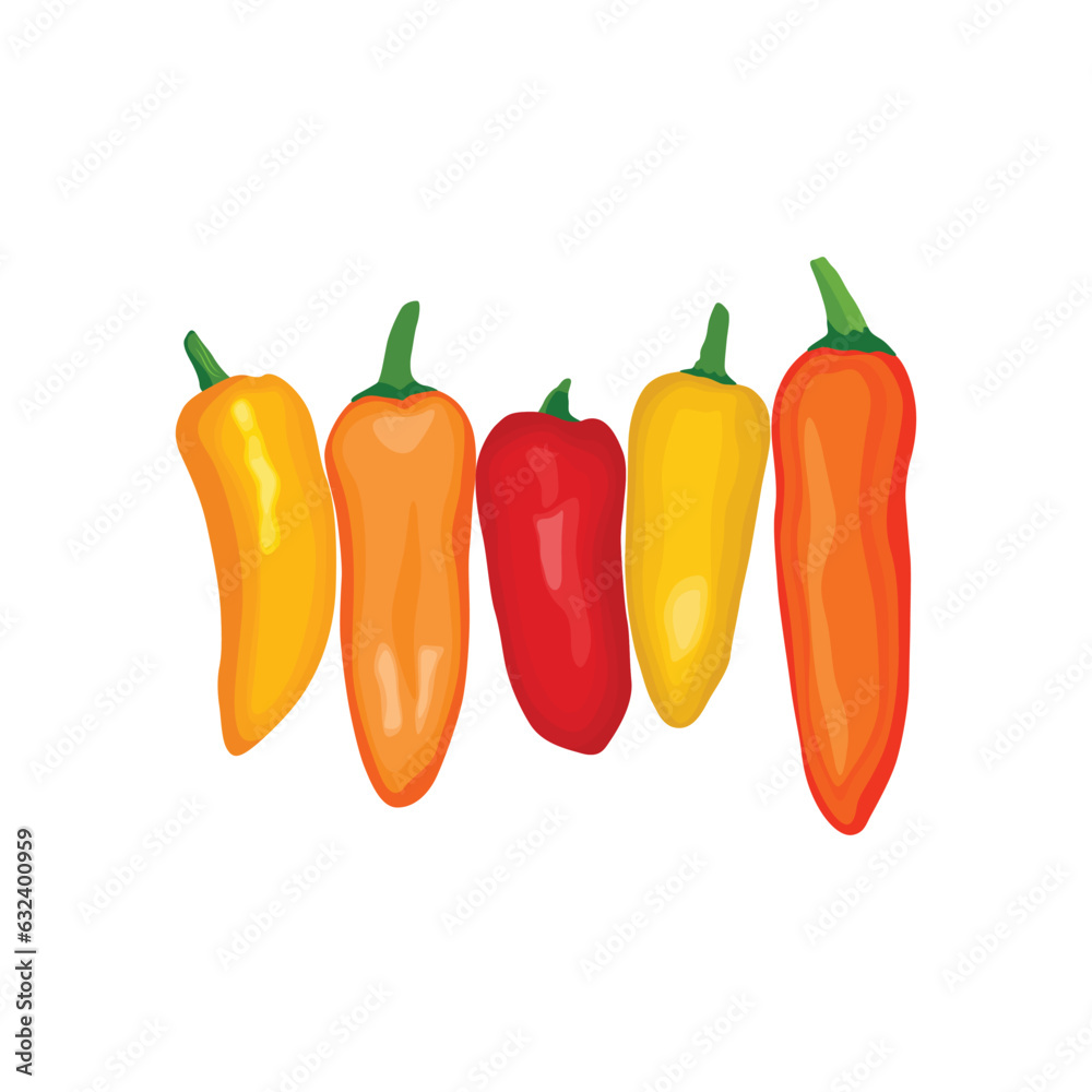 Vector illustration of red or green chili pepper realistic in flat cartoon style. Sliced chili pepper variations lay on white background with shadow for labels and logo design. Single or group chili Vector illustration of red or green chili pepper realistic in flat cartoon style. Sliced chili pepper variations lay on white background with shadow for labels and logo design. Single or group chili