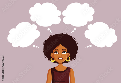 Stressed Woman Having Many Thoughts. Overthinking her problems Vector Cartoon
Anxious girl trying to find solutions for her problems 
