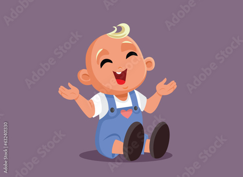 Happy Cheerful Baby Sitting on the Floor Vector Cartoon illustration. Little kid celebrating her first tooth laughing hard
