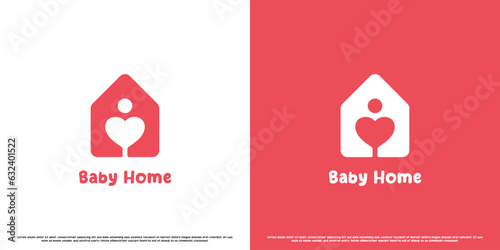 Baby home logo design illustration. Simple flat silhouette abstract creative modern home baby love heart affection family massage spa treatment. Romance funny spa baby children mother icon symbol.