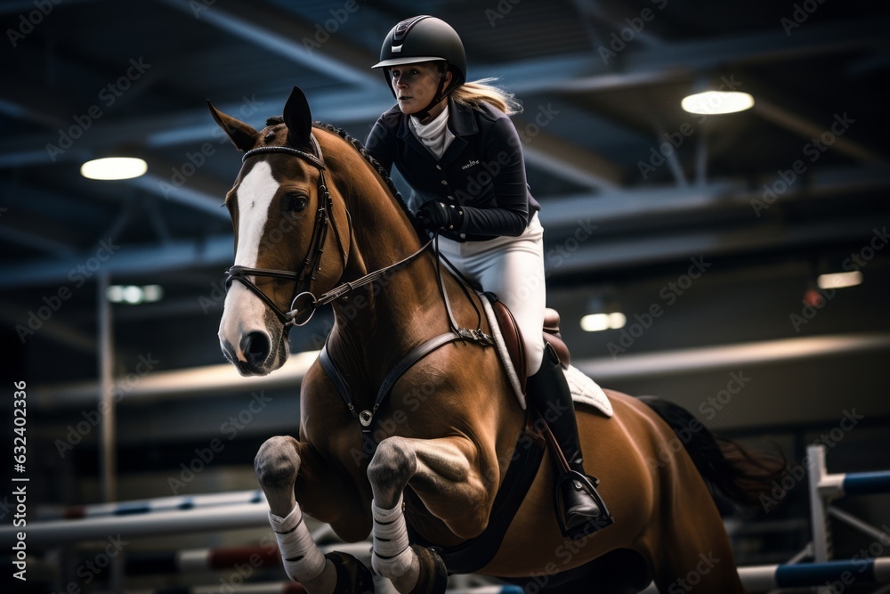 Naklejka premium Horse And Rider Practicing A Show Jumping, Generative AI