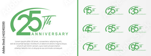 set of anniversary logo green color number and swoosh on white background for celebration