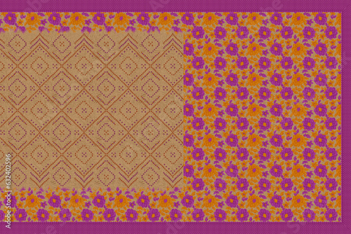 Abstract border pattern geometrical textile printed saree design illustration in colorful background and digital Flower design..