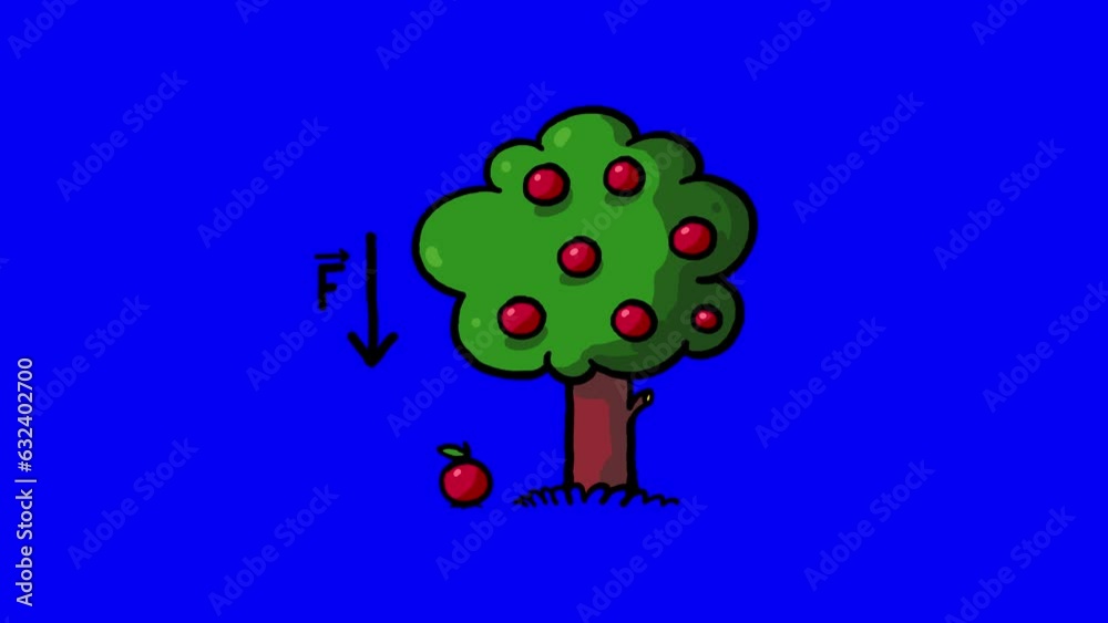 Cartoon apple tree with falling fruit bluebox. Physics, chemistry ...