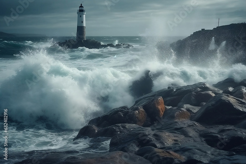 Waves crashing violently against a rocky lighthouse, Generative AI 