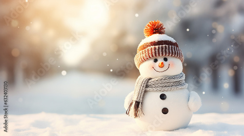 cute little snowman in a cap and a scarf on snow in the winter