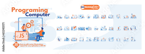 Programing computer concept illustration, collection of male and female business people scenes in the programing computer scene. mega set flat vector modern illustration