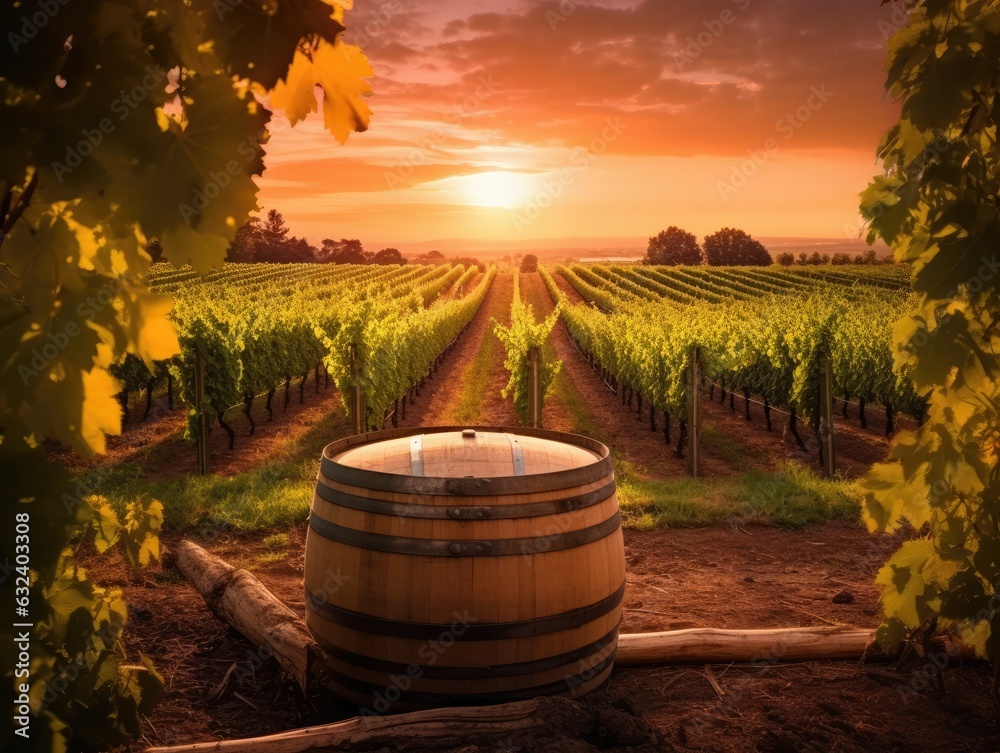 An old wooden wine barrel nestled in a picturesque vineyard