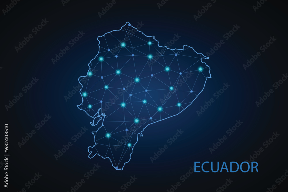 Obraz premium Map of Ecuador from Polygonal wire frame low poly mash, contours network line, luminous space stars, design sphere, dot and structure. Vector Illustration EPS10.