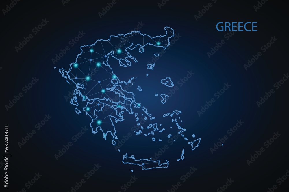 Map of Greece. Wire frame 3D mesh polygonal network line, design sphere, dot and structure. communications map of Greece. Vector.