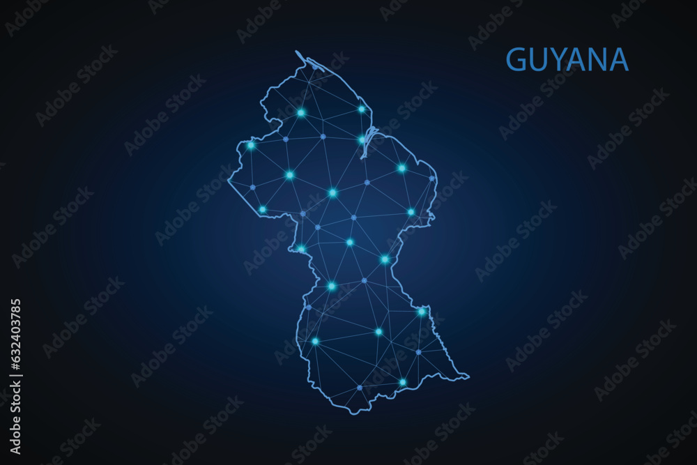 Map of Guyana. Wire frame 3D mesh polygonal network line, design sphere, dot and structure. communications map of Guyana. Vector.