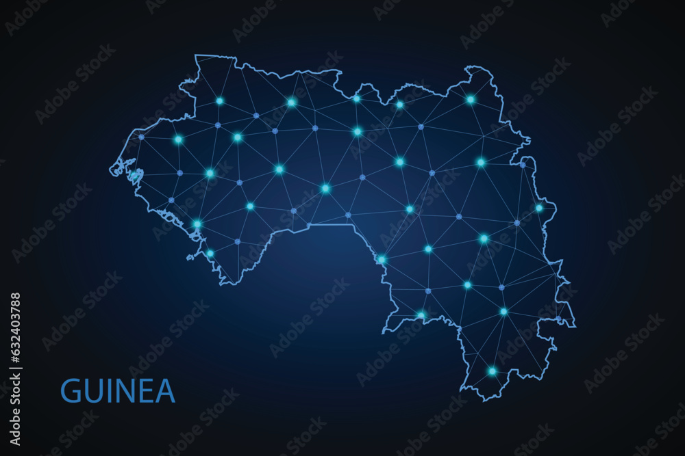 Map of Guinea from Polygonal wire frame low poly mash, contours network line, luminous space stars, design sphere, dot and structure. Vector Illustration EPS10.