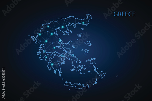 Map of Greece. Wire frame 3D mesh polygonal network line, design sphere, dot and structure. communications map of Greece. Vector.