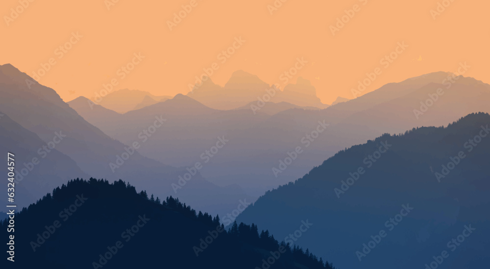 A beautiful, colorful, abstract mountain scenery in sunrise. Minimalist landscape of mountains in morning in blue tones. Mountain vector background