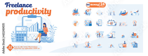 Freelance productivity concept illustration, collection of male and female business people scenes in the freelance productivity scene. mega set flat vector modern illustration