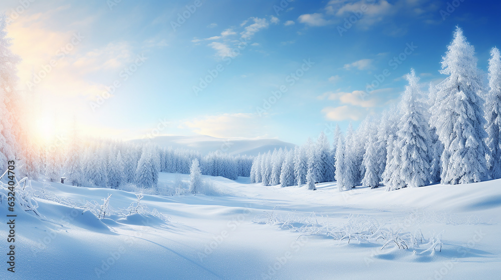 winter background of snow and frost with landscape of forest