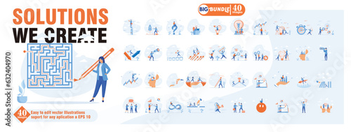 Solutions we create concept illustration, collection of male and female business people scenes in the solutions we create scene. mega set flat vector modern illustration