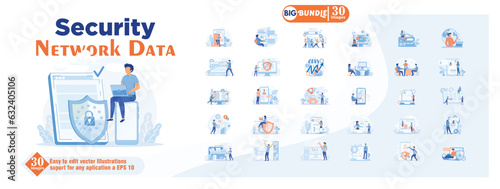 Security network data concept illustration, collection of male and female business people scenes in the security network data scene. mega set flat vector modern illustration