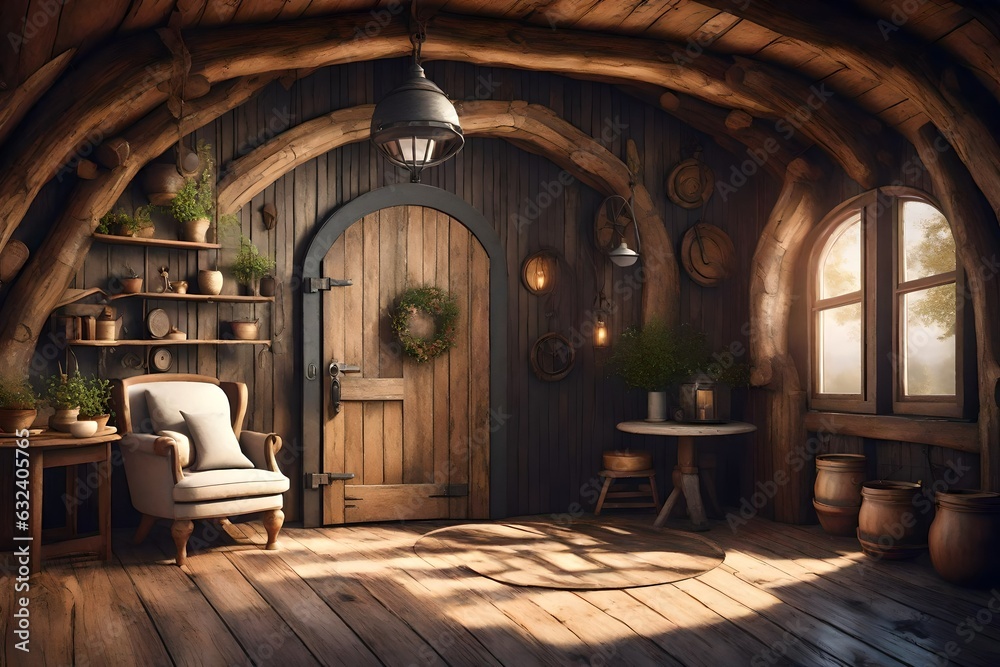 Fantasy tiny storybook style home interior cottage background with rustic accents and a large round cozy door. 3d rendering 3d rendering