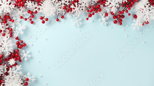 Christmas or winter composition. frame made of snowflakes and red berries on pastel blue background