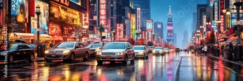 illustration of a bustling city street with Chinese people walking and cars, generative AI