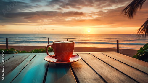 coffee cup on wood table at sunset or sunrise beach with beautiful view