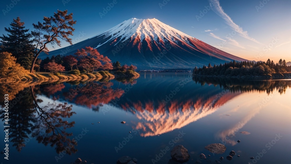 Mt Fuji at Kawaguchiko lake in Japan during sunrise.