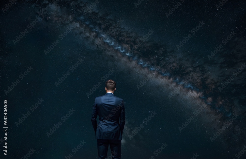Naklejka premium Businessman standing with back and looking at the starry night sky 