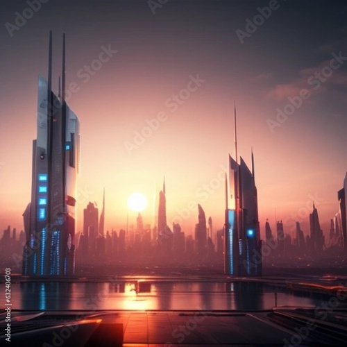 A futuristic cityscape at sunset  IA 