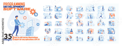 Programming development software concept illustration, collection of male and female business people scenes in the programming development software scene. mega set flat vector modern illustration