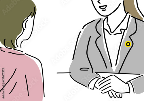 相談する女性と女性弁護士のシンプル線画イラスト
