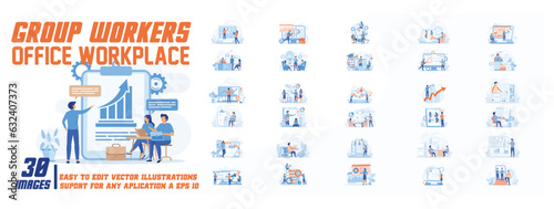 Group workers office workplace concept illustration. collection of male and female business people scenes in the group workers office workplace scene. mega set flat vector modern illustration