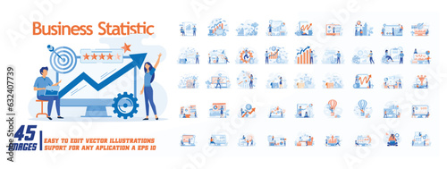 Business statistic concept illustration, collection of male and female business people scenes in the business statistic scene. mega set flat vector modern illustration