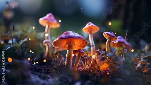 Magic Mushrooms in Spring Garden. Enigmatic scene featuring Psilocybin Mushrooms (Magic Mushrooms) in full bloom amidst a captivating spring garden. Generative ai