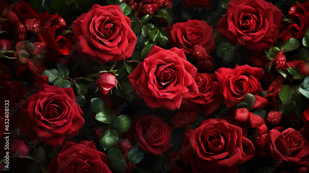 Romantic Red Roses. Romantic scene featuring the allure and beauty of red roses blossoming in a photorealistic spring garden. Generative ai