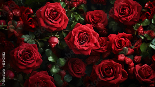 Romantic Red Roses. Romantic scene featuring the allure and beauty of red roses blossoming in a photorealistic spring garden. Generative ai