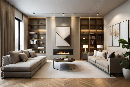 Modern stylish living room with large windows and beige sofa on the background of brown wall with fireplace, shelving with books and decor, and potted plants. Cozy chalet interior. Modern living room © Nyetock