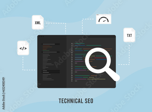 Technical SEO Audit concept. Search engine strategy with technical on-page SEO optimization. Website development with seo-friendly site structure, improve website speed, use sitemap, other seo factors