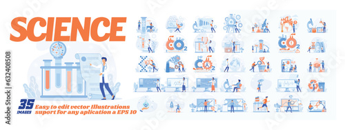 Science concept illustration, collection of male and female business people scenes in the science scene. mega set flat vector modern illustration