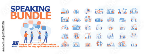 Speaking bundle concept illustration, collection of male and female business people scenes in the speaking bundle scene. mega set flat vector modern illustration
