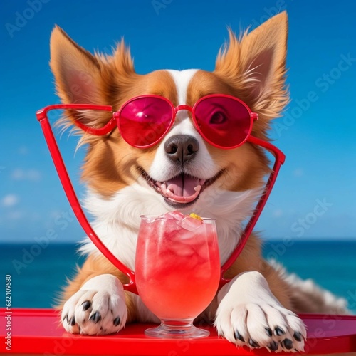a dog wearing sunglasses and a drink