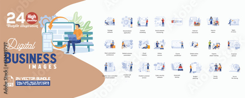Digital business images concept illustration, collection of male and female business people scenes in the digital business images scene. mega set flat vector modern illustration